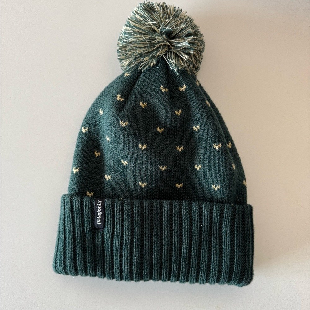 *NEW* Patagonia Kids Forest Green Knit Beanie Winter Hat with Pom Pom
